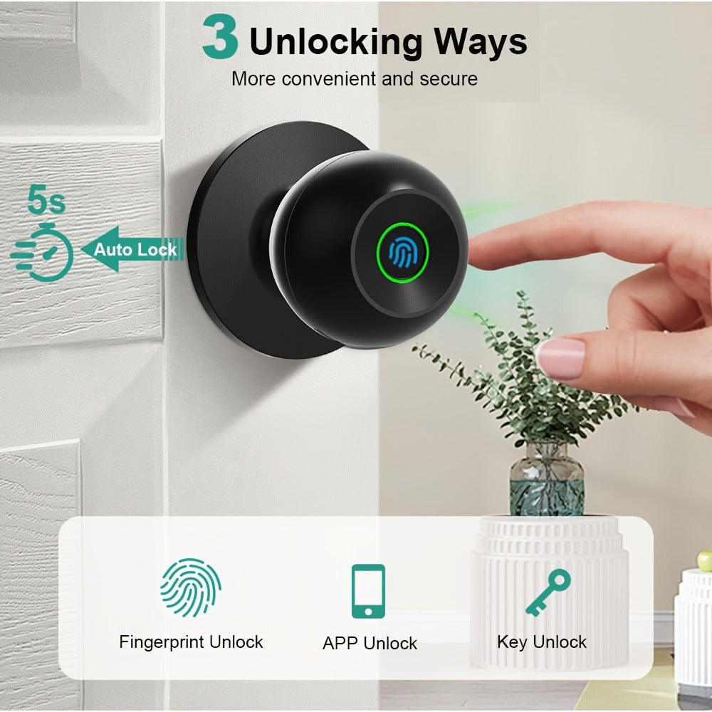 K10 Rechargeable Smart Door Knob with Fingerprint & App Control – 3-in-1 Keyless Entry, Entrance/Passage/Privacy Mode