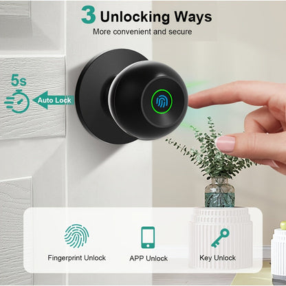 K10 Rechargeable Smart Door Knob with Fingerprint & App Control – 3-in-1 Keyless Entry, Entrance/Passage/Privacy Mode