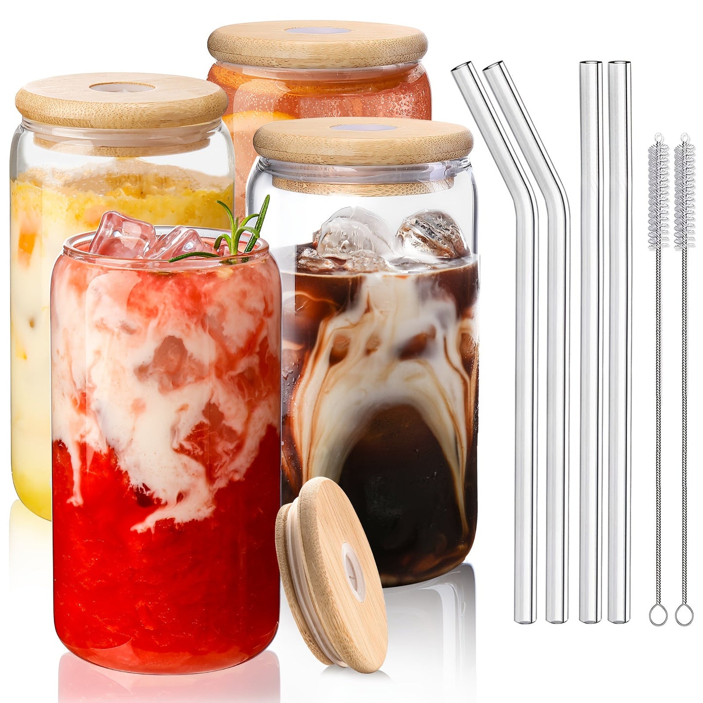 Glass Coffee Cup Drinkware Set, 16oz Clear Cups with Bamboo Lids, Glass Straws and Brushes in 4 to 16 Pieces