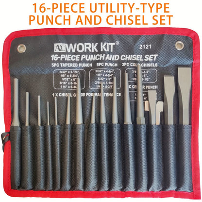 Punch and Chisel Set 16pcs Cr-V Steel with Taper Punch Cold Chisels Pin & Center Punches for Entryways, Bedrooms and Living Spaces