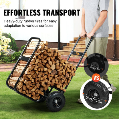 Firewood Log Cart, Carbon Steel Wood Carrier with Pneumatic Rubber Wheels for Garden, Patio and Yard Use