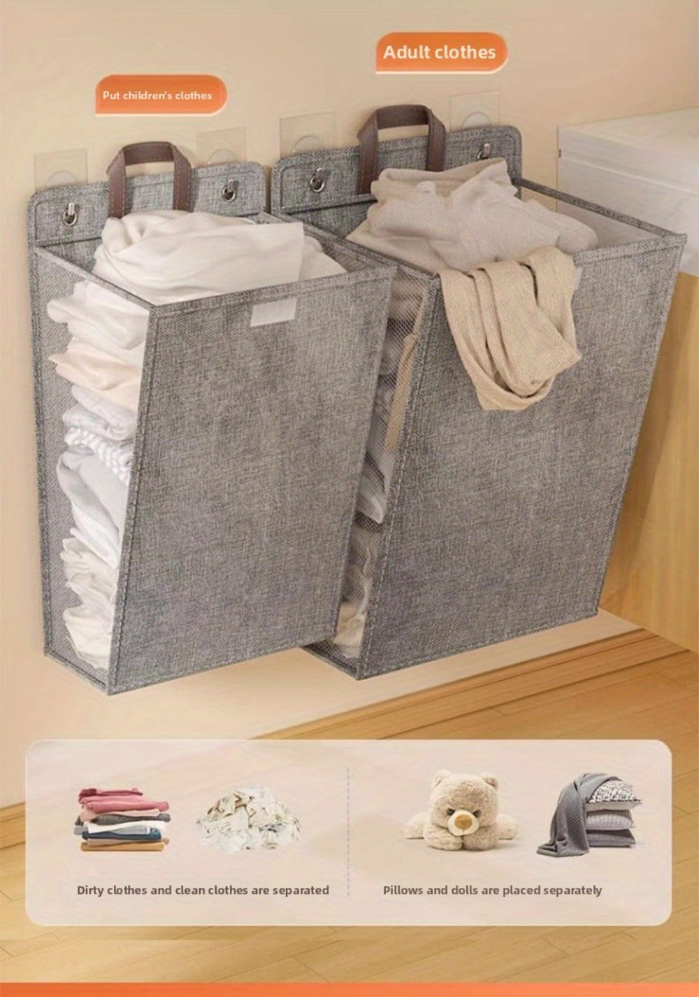 Wall Mounted Laundry Hamper Foldable Oxford Cloth with Lid | Space Saving Clothes Storage Basket for Bedroom Bathroom Living Room | Large