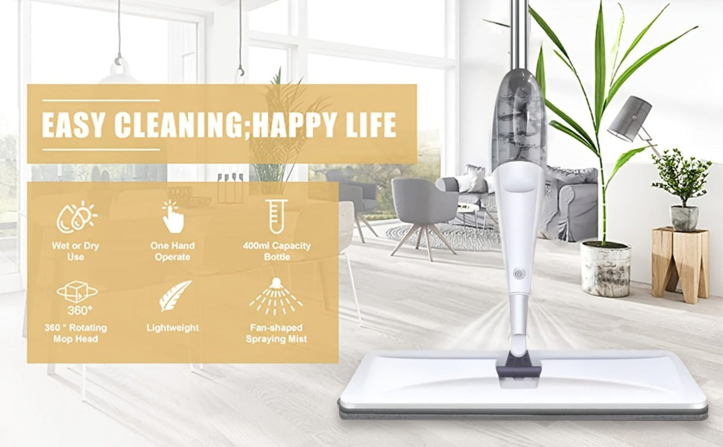 Spray Mop with 3 Microfiber Carbon Fiber Pads Water Spraying Flat Mop Wet Dry Dual Use Floor for Entryways, Bedrooms and Living Spaces