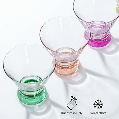 Stemless Martini Glasses Set of 6, 8oz Colored Cocktail Glasses, Margarita Bar Dessert Glassware with Gradient Color Base