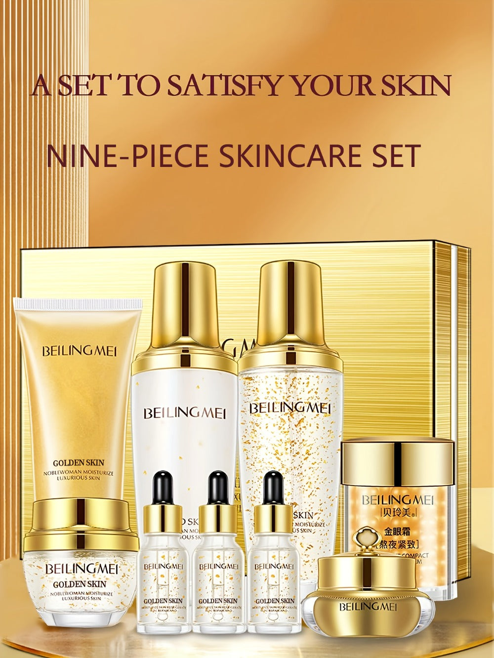 Skincare Gift Set for Women 9pcs Golden Luxury Kit, Niacinamide Collagen Hyaluronic Acid Daily Facial Care Premium Birthday Holiday Gift