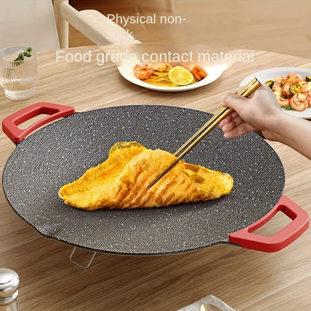 Korean BBQ Grill Pan, Round Non-Stick Multi-Functional Electric Grill Pan with Red Handle & Adjustable Settings
