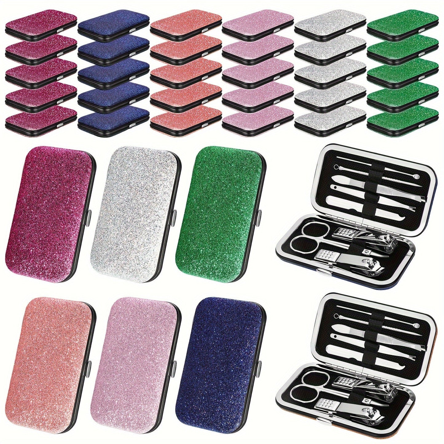 Bulk Manicure Gift Set 30 Packs 8-in-1 Stainless Steel Nail Care & Pedicure Tools with Glitter Travel Case