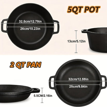 Cast Iron Dutch Oven Set 5.1QT & 7QT with Skillet Lid – Pre-Seasoned 2-in-1 Cookware for Stovetop, Induction, Oven, Campfire & BBQ