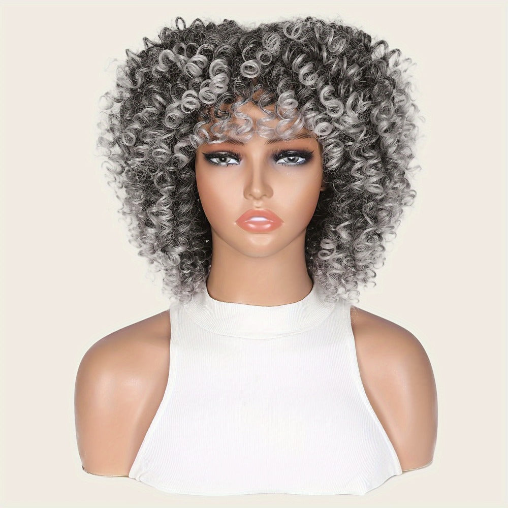 Synthetic Wig 14-Inch Kinky Curly Afro with Bangs, 180% Density and Stretch Net Cap for Daily Style
