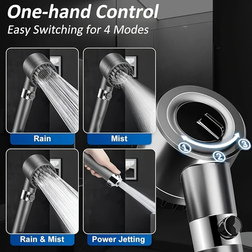 High Pressure Shower Head Set 4-Piece – Turbine Spray Wall Mounted, 3-Stage Adjustable Mode, 6 Water Filters & 68" Hose