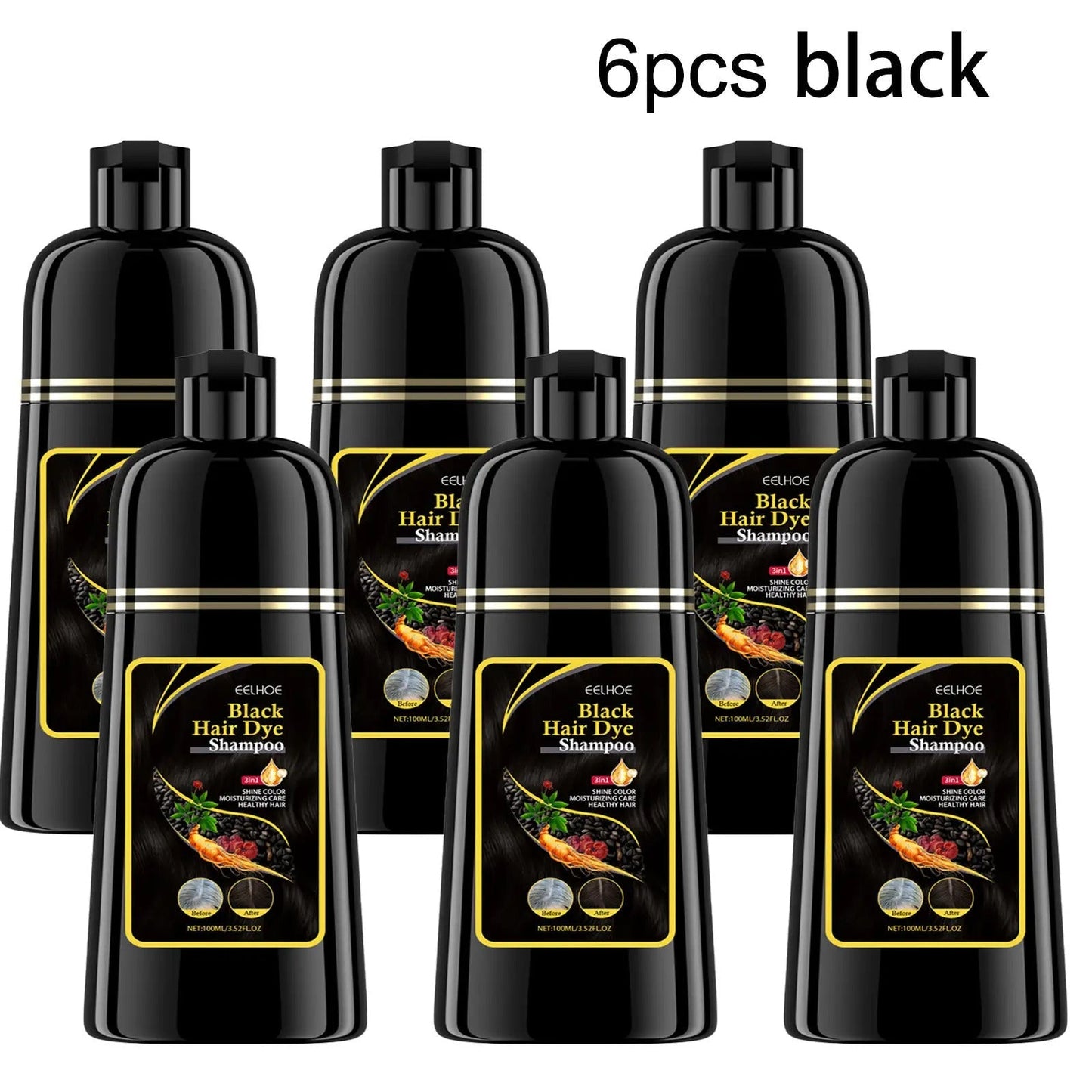 Hair Dye Shampoo 3-in-1 Color Conditioner Cooling Formula 6pcs Set – Black & Brown Gradual Gray Coverage, Unisex Long Hair Color Shampoo