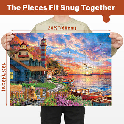 1000 Piece Jigsaw Puzzles for Adults 3 Pack – Sunset Lighthouse, Bird Crochet & Moroccan Pottery Set, Precision-Cut Brain Teaser Family