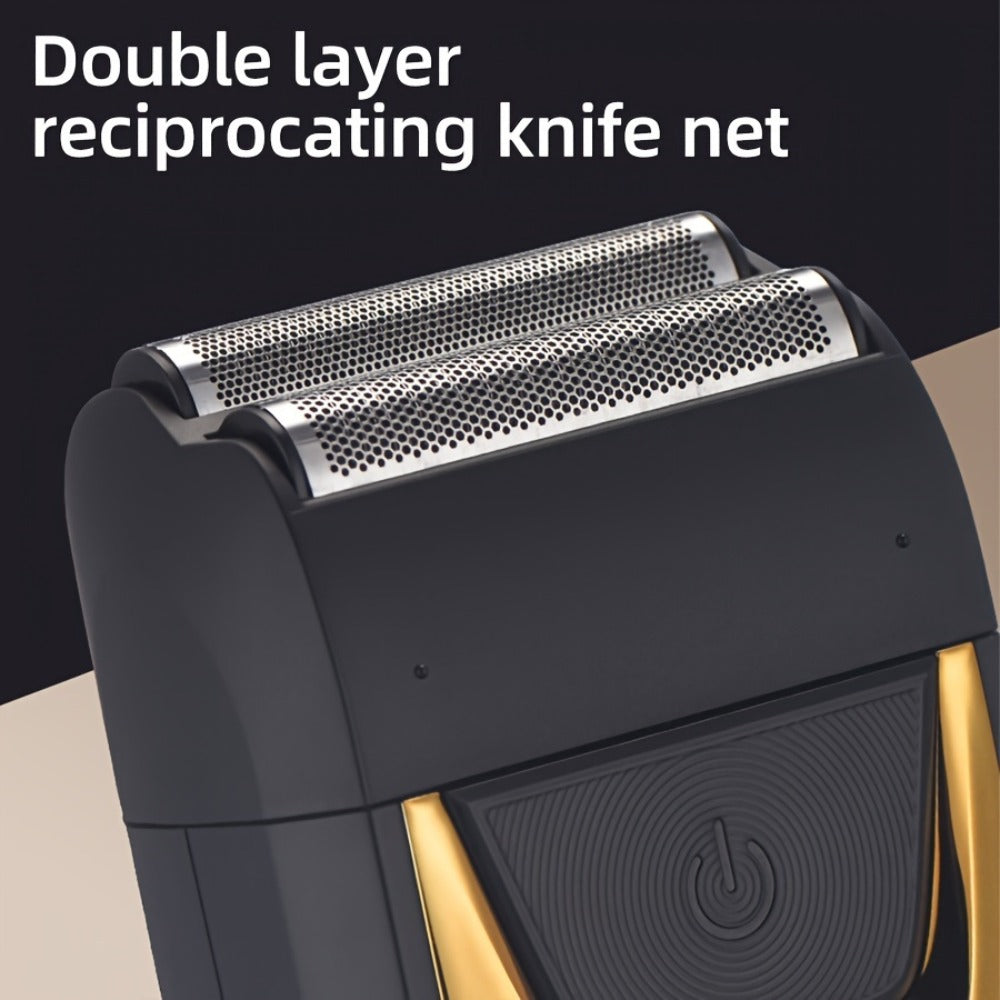 Golden-and-Black Electric Foil Shaver with Rectangular Head, Front Display and Charging Stand