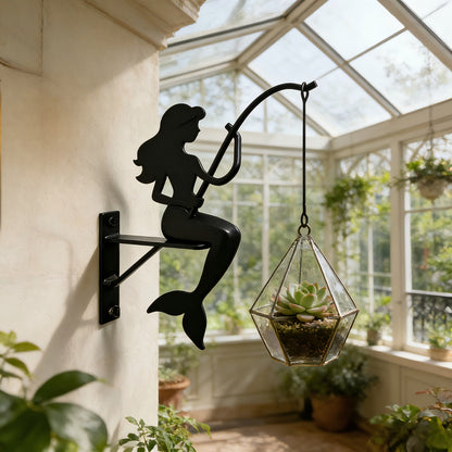 Wall Planter Hanging Iron Art Mermaid Flower Pot Holder for Balcony Vertical Garden – Creative Fisherman Theme Indoor Outdoor Plant Stand