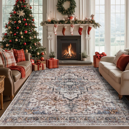 Area Rug Bohemian Retro Design in Beige or Grey with Six Foldable Machine-Washable Room Sizes