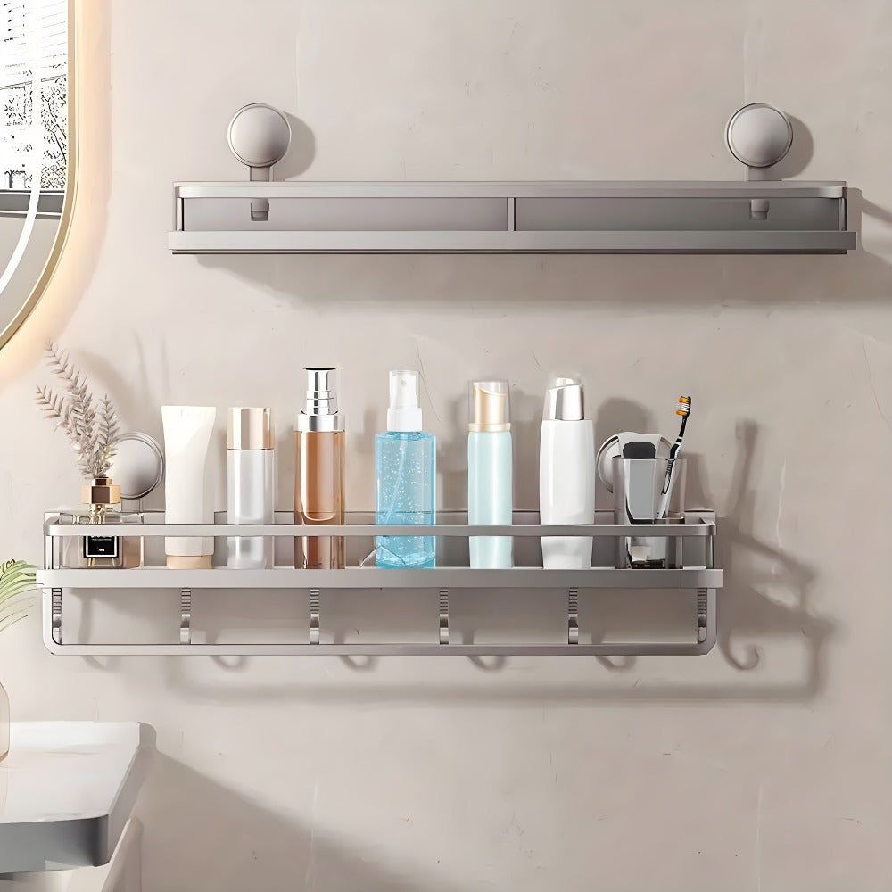Suction Cup Shower Caddy with Towel Holder Bar, Wall-Mounted Bathroom Shelf Organizer for Shampoo Soap, Heavy-Duty Floating Shower Shelves