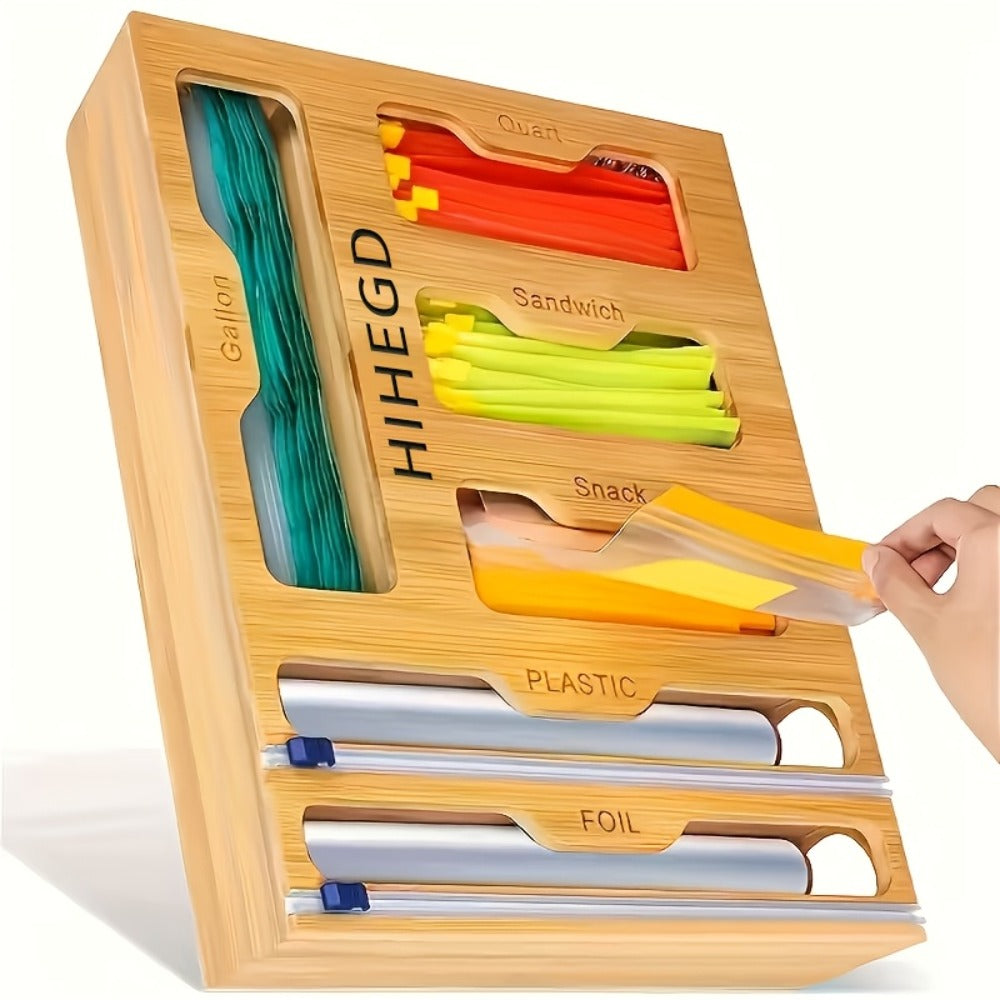 Bamboo Ziplock Bag Organizer Box for Kitchen Drawer – Adjustable Dividers, Compatible with Gallon Quart Sandwich Snack Bags