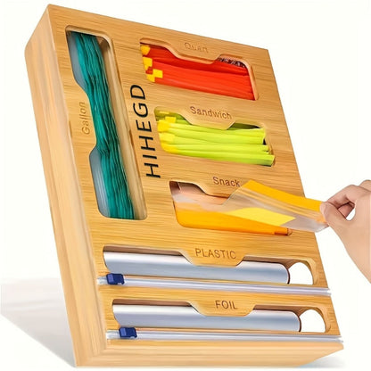 Bamboo Ziplock Bag Organizer Box for Kitchen Drawer – Adjustable Dividers, Compatible with Gallon Quart Sandwich Snack Bags