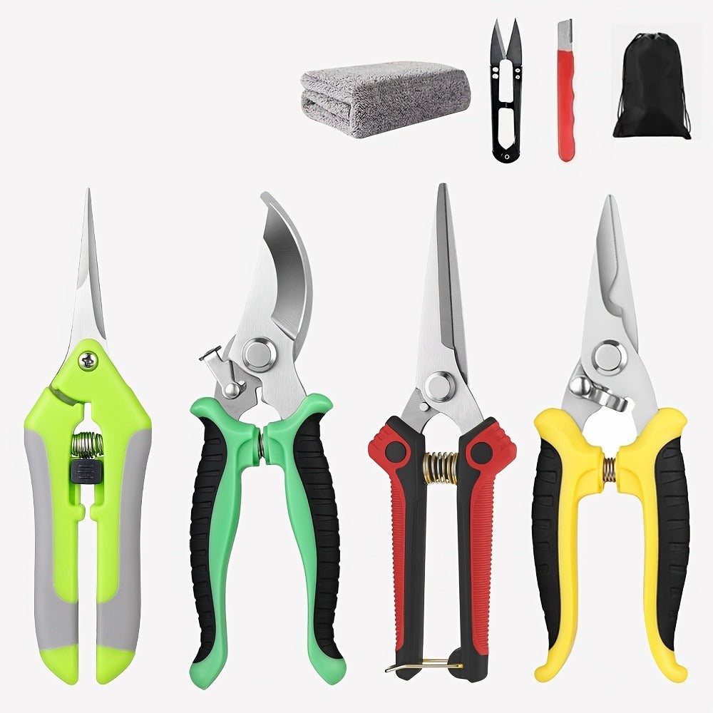 Gardening Pruning Tool Set 8 Piece Stainless Steel, Pruning Shears Scissors Pliers Handle with Wiping Cloth