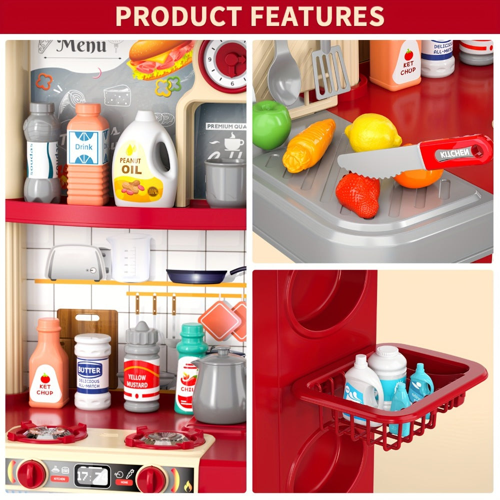Play Kitchen Set with Lights Sounds & Spray, Toy Kitchen Playset with Oven Sink Fridge & Play Food for Kids Ages 3 4 5 6 7 8