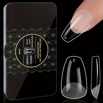 Gel Nail Tips 600 Pieces Clear Crystal Full Cover Nail Extensions – Almond Oval Coffin Stiletto Square Short Medium Long Soft Gel False