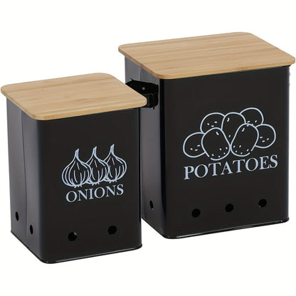 Kitchen Storage Canister Potato Onion Storage Bin Aerating Ventilation Holes Wooden Lid for Home Cooking, Dining and Outdoor Meals