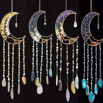 Dreamcatcher Moon Suncatcher Wall Hanging, Handmade Boho Wind Chime Pendant for Indoor Outdoor Garden