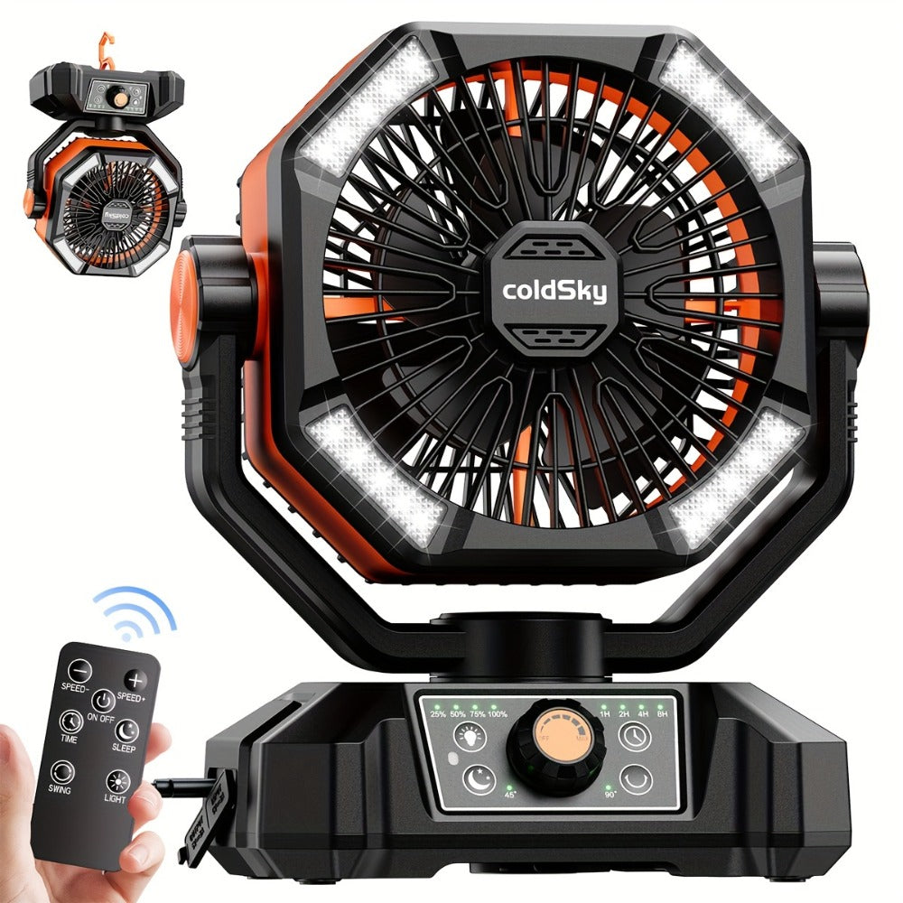 Camping Fan Battery Powered 20000mAh, Dual Motor 8-Speed Portable Tent Fan with Remote Control, 4 LED Lanterns and Hanging Hook