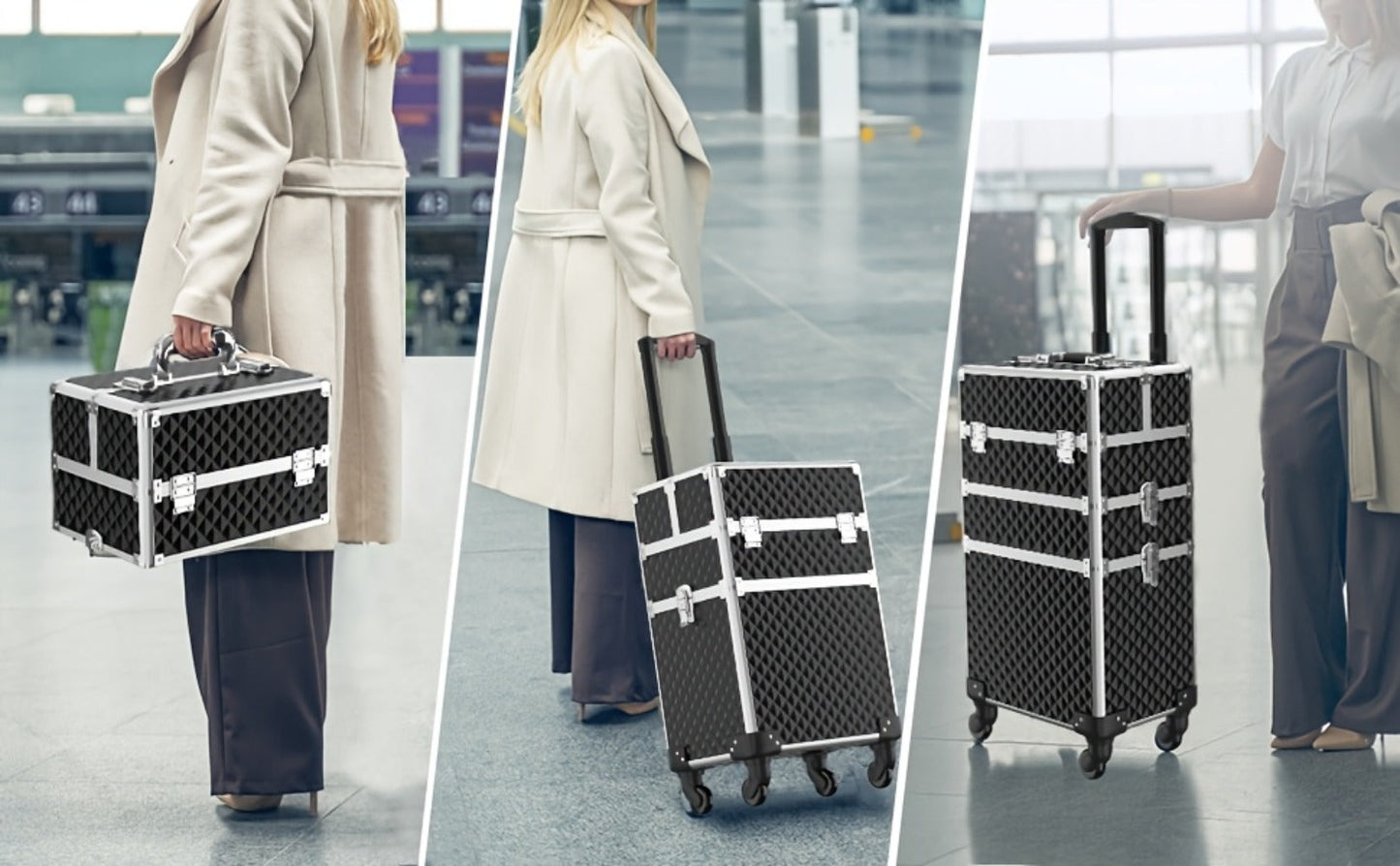 Three-Section Rolling Makeup Train Case with Telescoping Handle in Black or Pink and Sponge Set