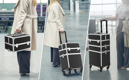 Three-Section Rolling Makeup Train Case with Telescoping Handle in Black or Pink and Sponge Set