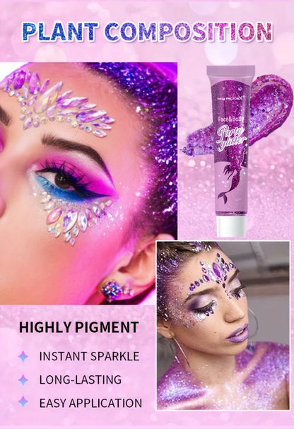 Face Body Glitter Gel Set 30 Pieces – Colorful Shapes Mermaid Sequin Stars Hearts, Transparent Gel Base, Skin-Safe Shimmer Makeup