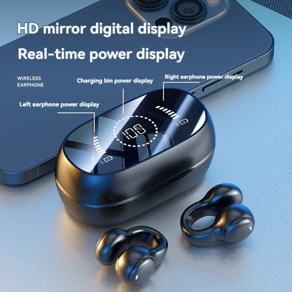 Open-Ear Clip Earbuds with Digital-Display Charging Case in Black or Beige Checkout Options