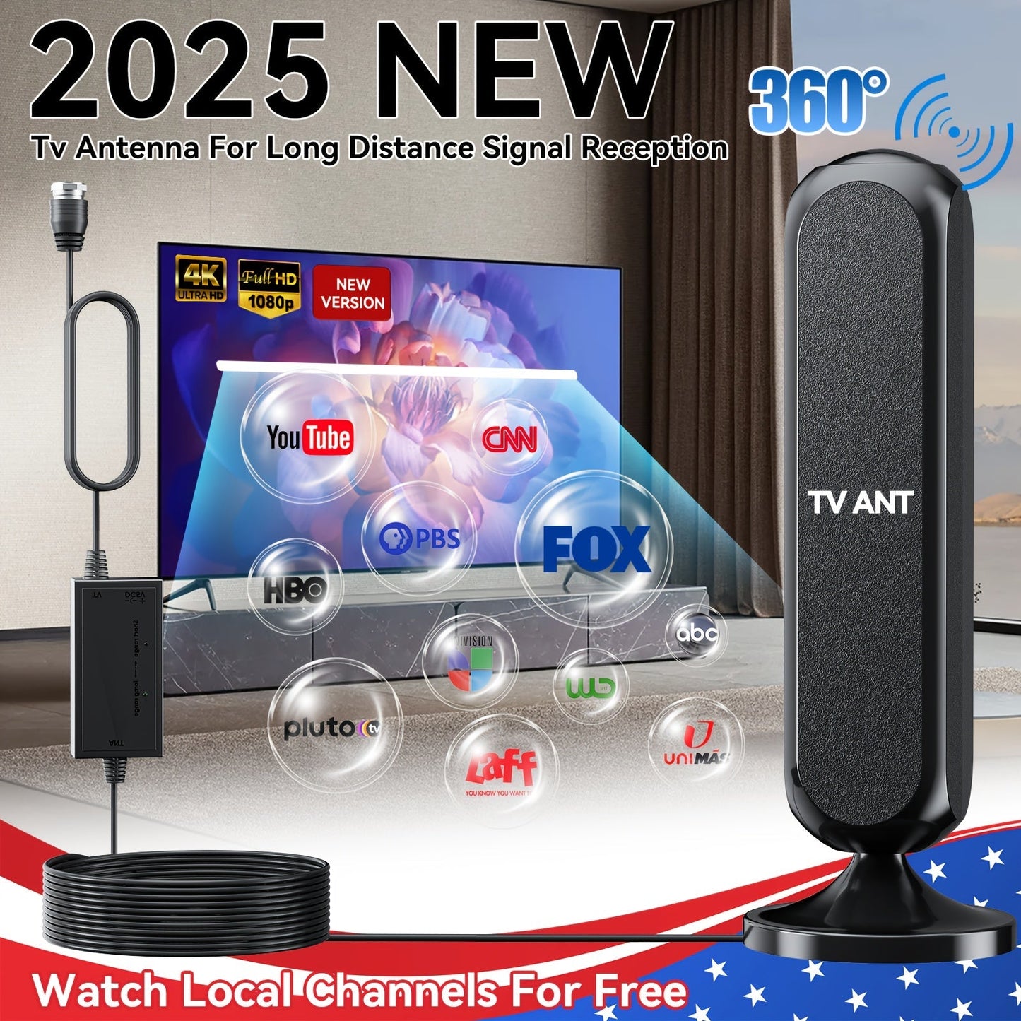 TV Antenna with Vertical Flat Panel, 16-Foot Coaxial Cable, USB-Powered Amplifier and Indoor Stand
