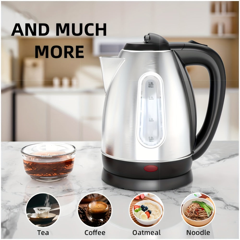 Electric Kettle 1.8L 1200W Stainless Steel with Water Window, Auto Shut-Off and Cordless Base