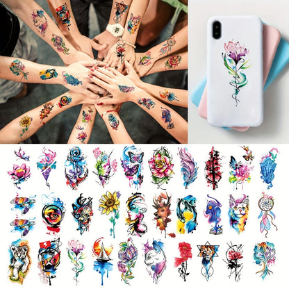 Temporary Tattoos, 46-Sheet Colorful Floral, Geometric, Portrait and Ink-Painting Style Body Art Set