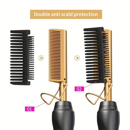 Electric Hot Comb Hair Straightener Ceramic Copper Heating Plate Portable Heat Press Comb for Home, Travel and Salon Hair Styling