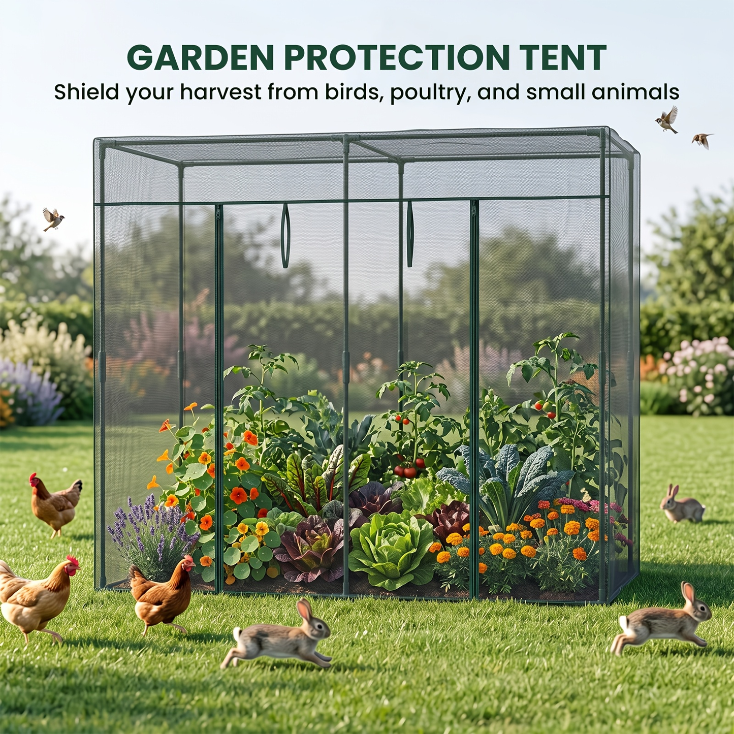 Plant Protection Tent Crop Cage with Zippered Door & Square Frame, Raised Garden Bed Cover Wind-Resistant for Outdoor Vegetables