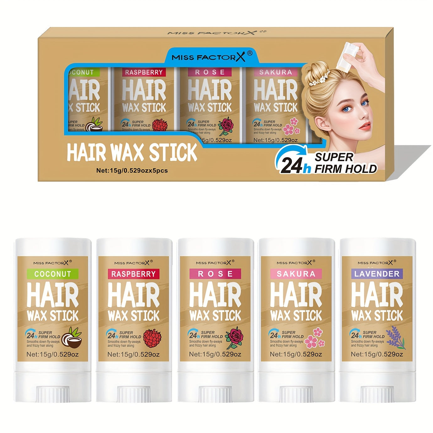 Hair Wax Stick 5 Pack Flyaway Control Edge Control with Jojoba Oil for Home, Travel and Salon Hair Styling