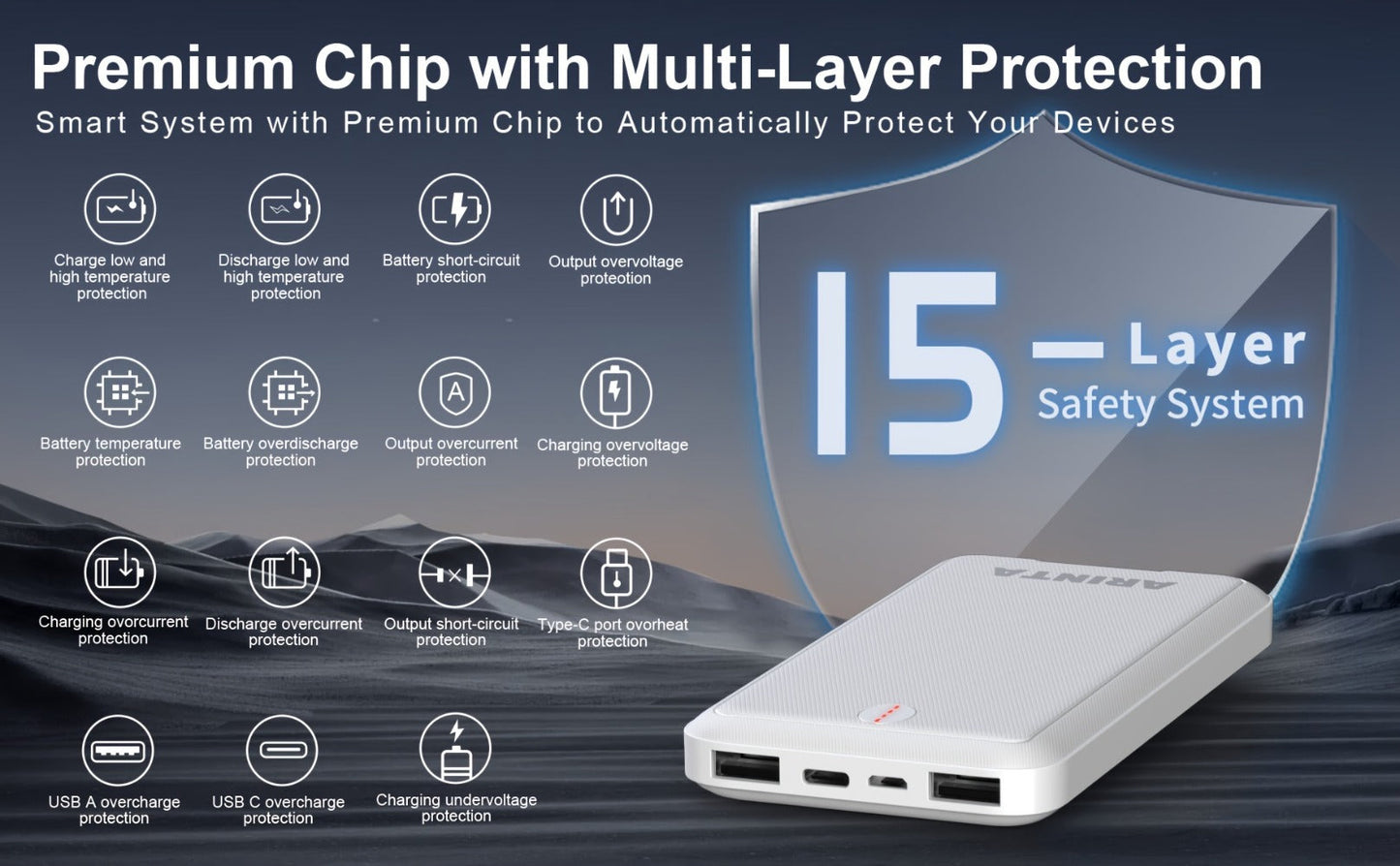 Power Bank 10000mAh 5V/2A for Heated Clothing with USB-C Input/Output in Black or White Battery Pack