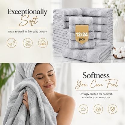 Towel Set 12 or 24 Piece Cotton Collection with Bath, Hand and Washcloth Formats in Seven Colors