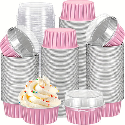 Aluminum Foil Baking Cups with Lids, Disposable Cupcake Molds with Spoons, Foil Dessert Cups for Pudding Muffins Mousse