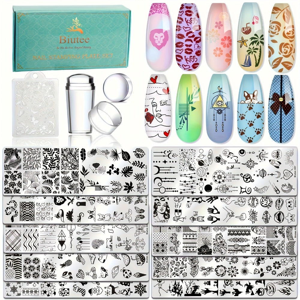 Nail Stamping Plates Set with Stamper & Scraper – Stainless Steel Nail Art Stamp Kit for Beginners & Pros