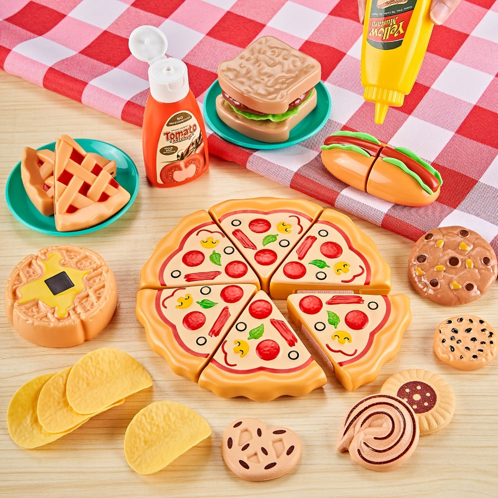 Pretend Play Food Set 85pcs, Cutting Toy Food with 2 Baskets, Pizza Veggies & Fruits, Play Kitchen Accessories for Toddlers