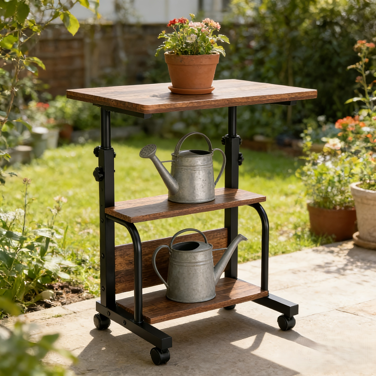 Garden Work Table 31.5" Adjustable Height Mobile Desk with Storage Shelves, Metal Frame, for Patio Outdoor Bedroom Office Potted Plant