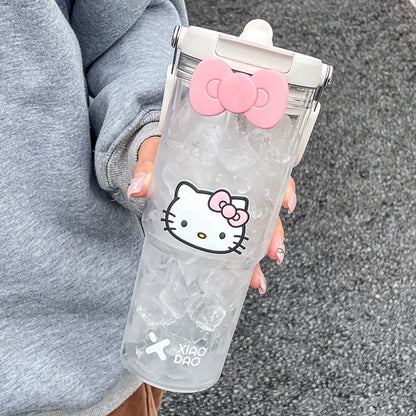 Hello Kitty Water Bottle with Straw 30 Oz, Large Cartoon Tumbler for Women & Girls, Portable Outdoor Sports Cup with Bow & Sticker