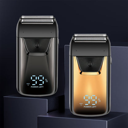 Golden-and-Black Electric Foil Shaver with Rectangular Head, Front Display and Charging Stand