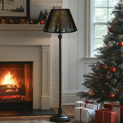 Metal Lampshade Etched Forest & Leaf Design | Black Exterior Gold Interior | Barrel Lamp Shade for Table Lamp & Floor Lamp |