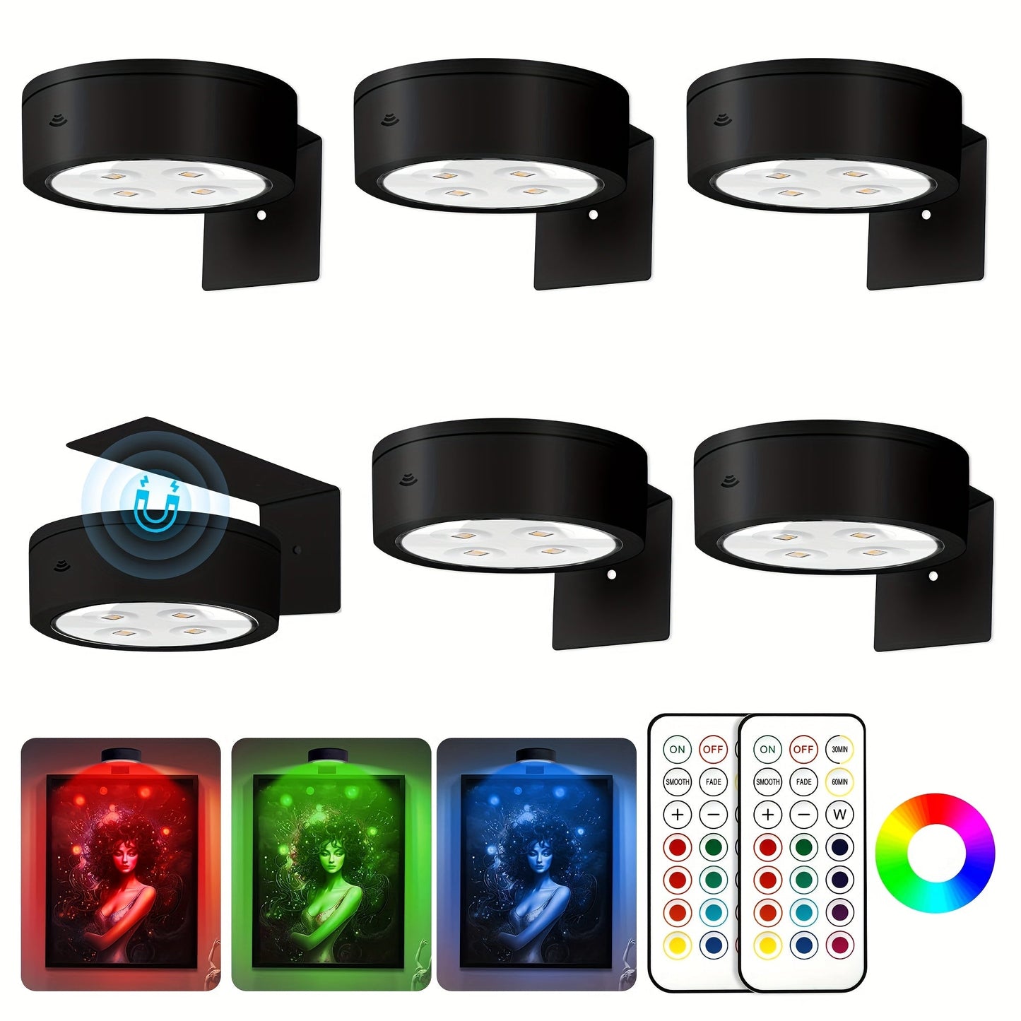 Picture Lights for Wall 13 RGB Color LED Art Light, Wireless Battery Operated Magnetic Painting Light with Remote