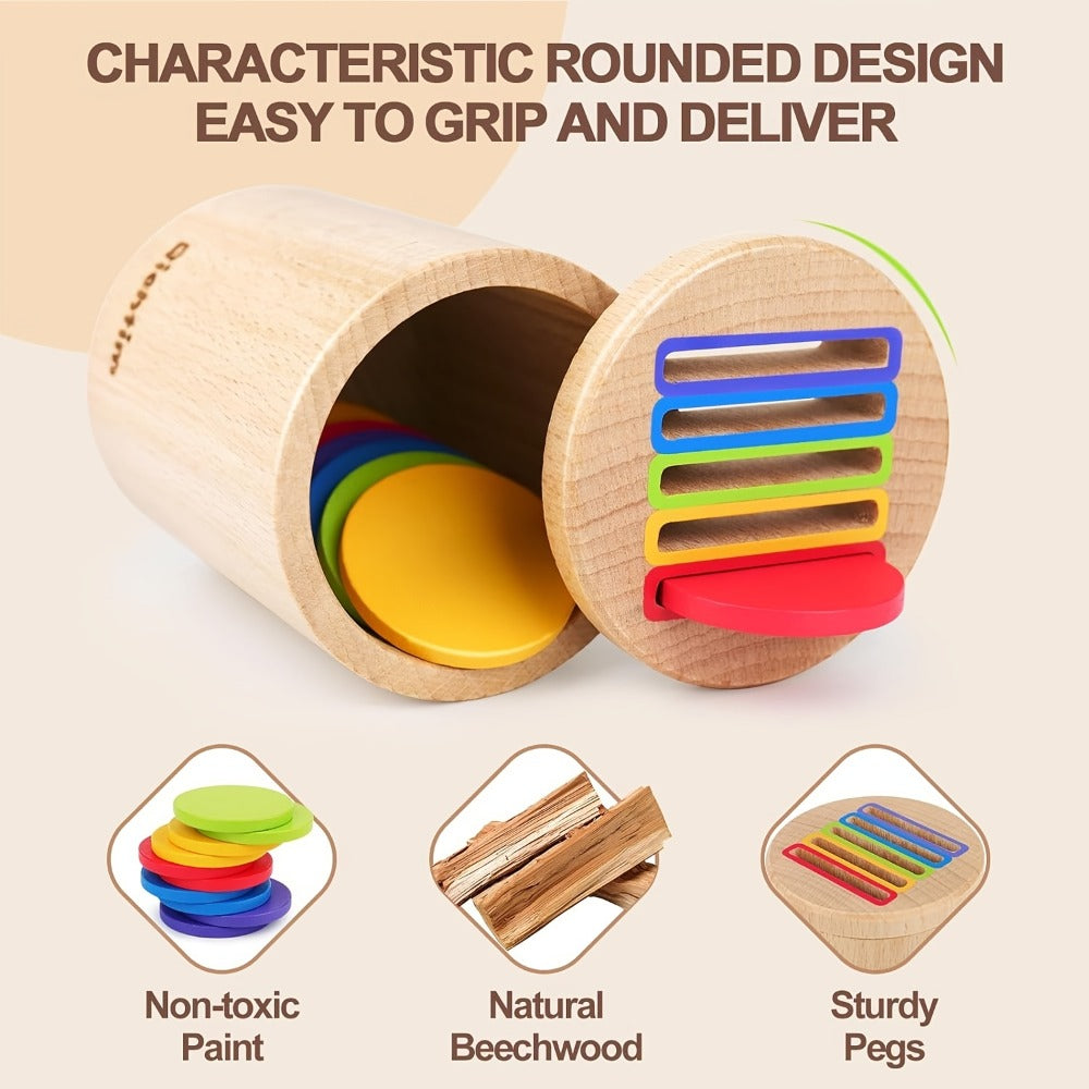 Wooden Color Sorting Coin Box Toy for Toddlers 1+, Montessori Educational Sensory Learning Toy with 10 Colorful Blocks & Storage Bag