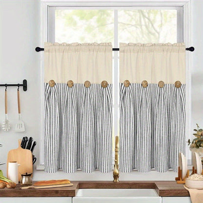 Striped Patchwork Window Curtain Set with Rod-Pocket Top, Six Colors and Five Panel-Count or Size Options